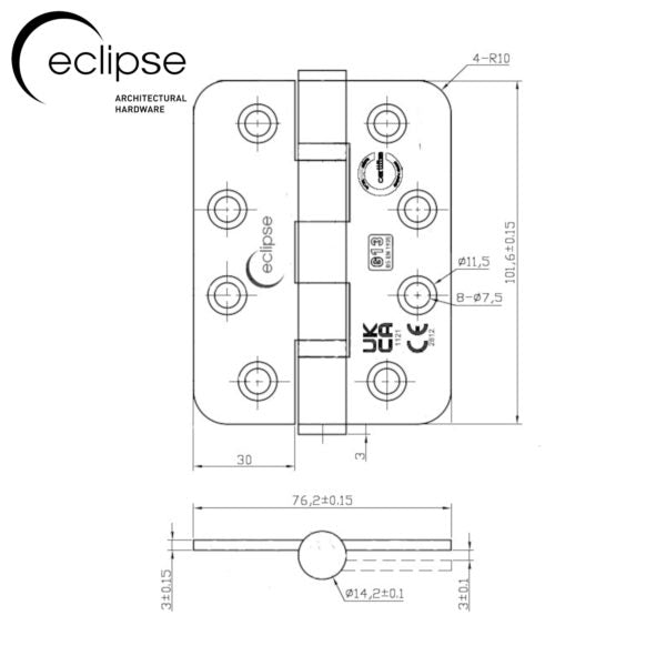 Fire Rated Radius Ball Bearing Door Hinge 102x76mm Grade 13