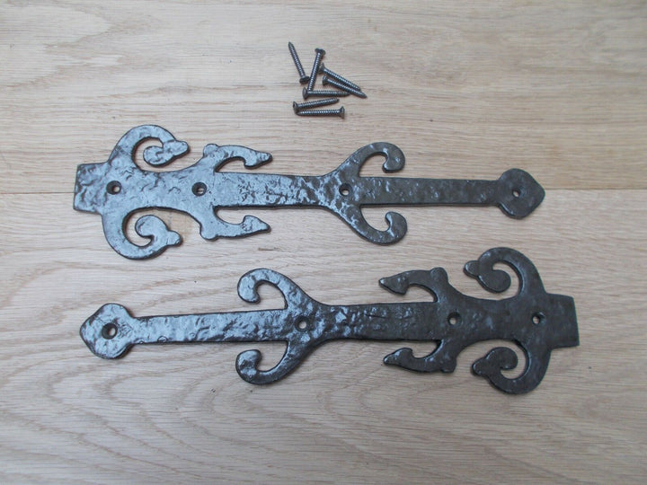 Pair of 12inch Decorative Ornate Hinge fronts Antique Iron.