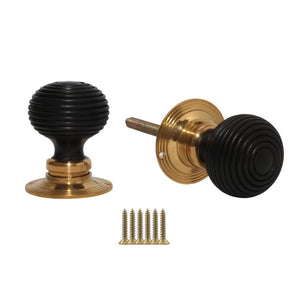 Rim Door Knob Set Beehive Wooden Ebony and Brass.