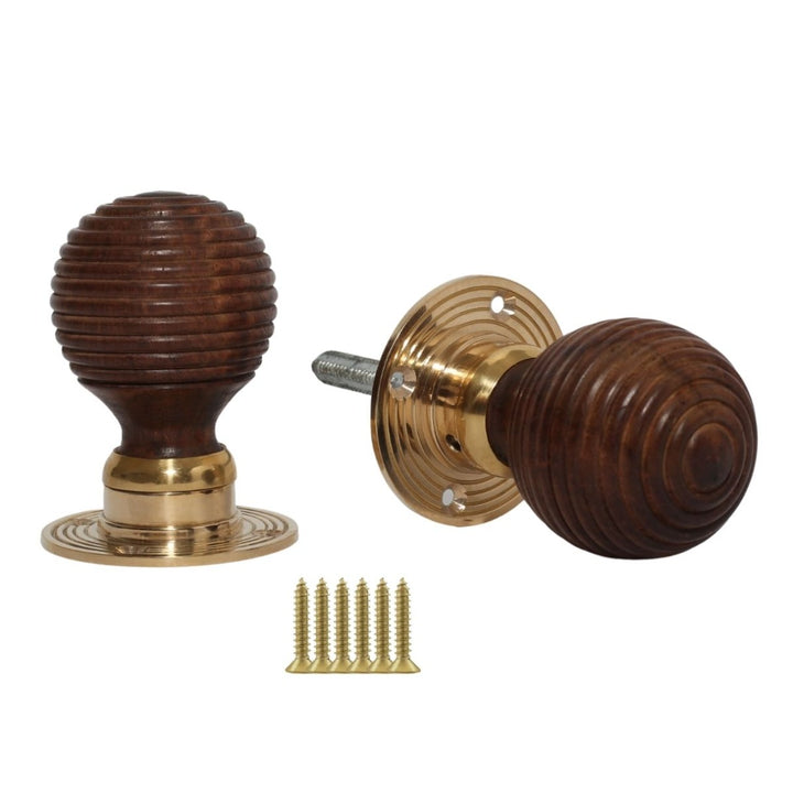 Rim door knob set Beehive Wooden Teak and Brass.