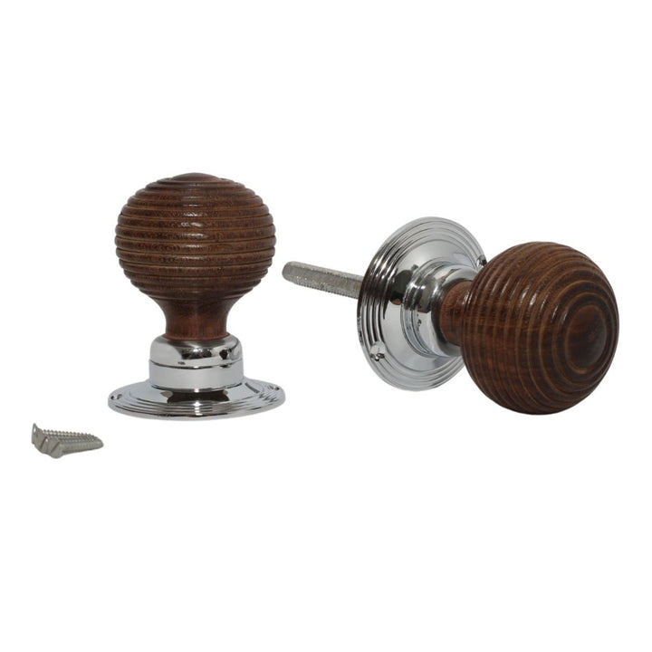 Rim Door Knob Set Beehive Wooden Teak and Chrome.