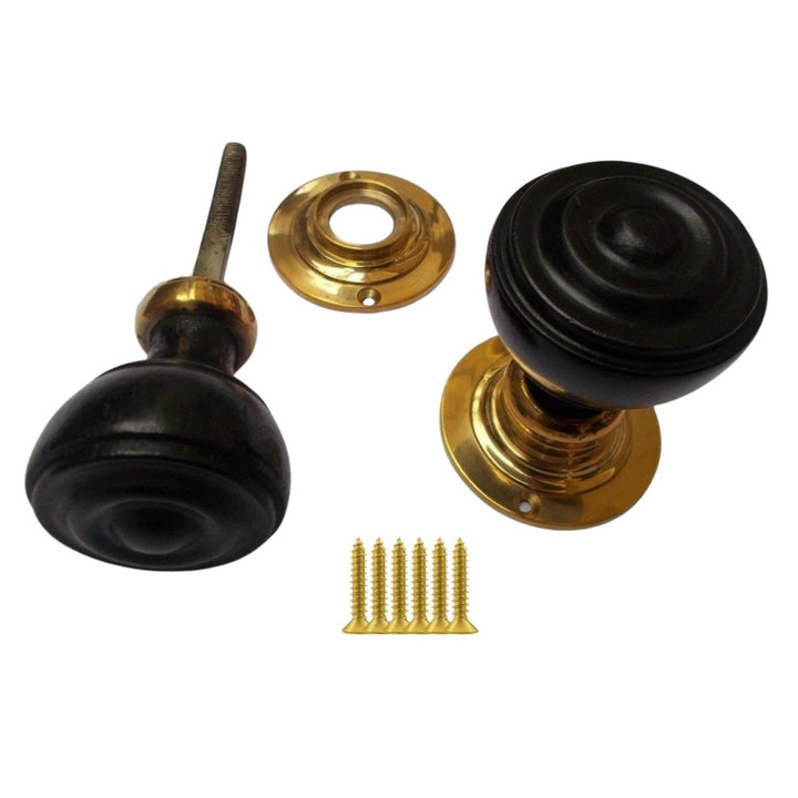 Rim Door Knob Set Bun Wooden Ebony and Brass.