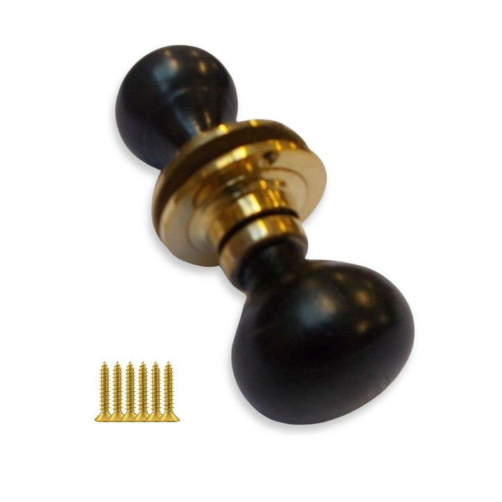 Rim Door Knob Set Plain Round Ebony and Brass.