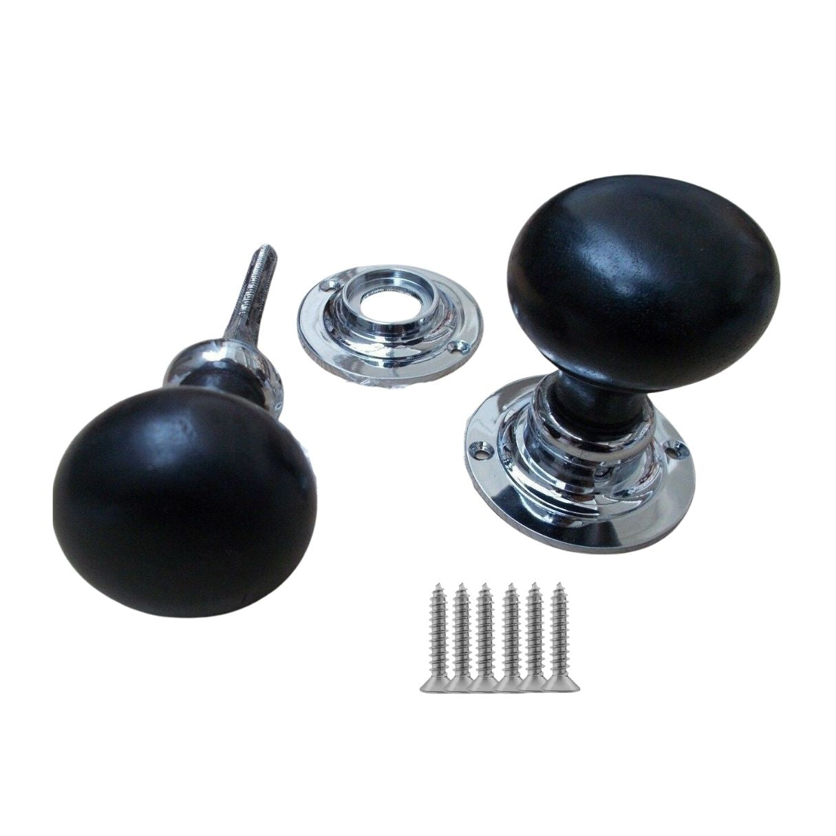 Rim Door Knob Set Plain Round Ebony and Chrome.