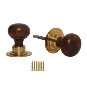 Rim door knob set Plain Round Teak and Brass.