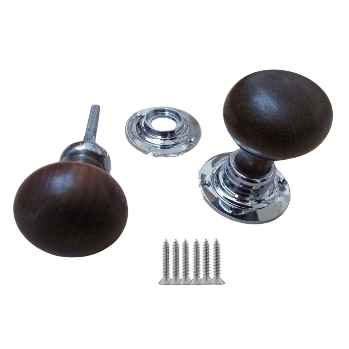 Rim Door Knob Set Plain Round Teak and Chrome.