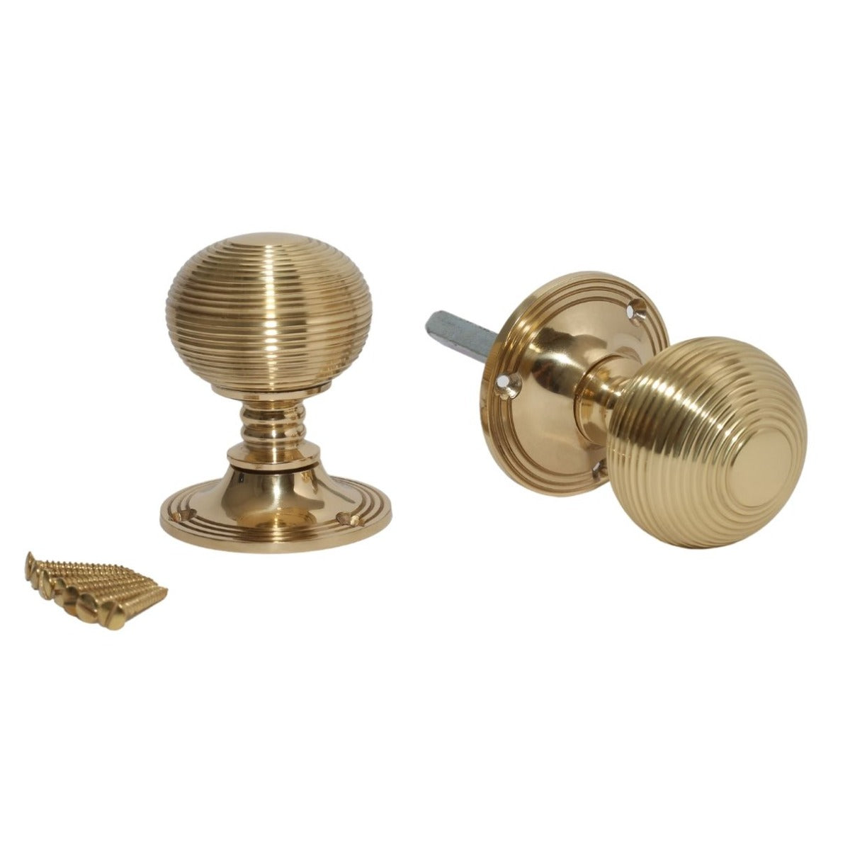 Rim Door knob set Reeded Polished Brass.