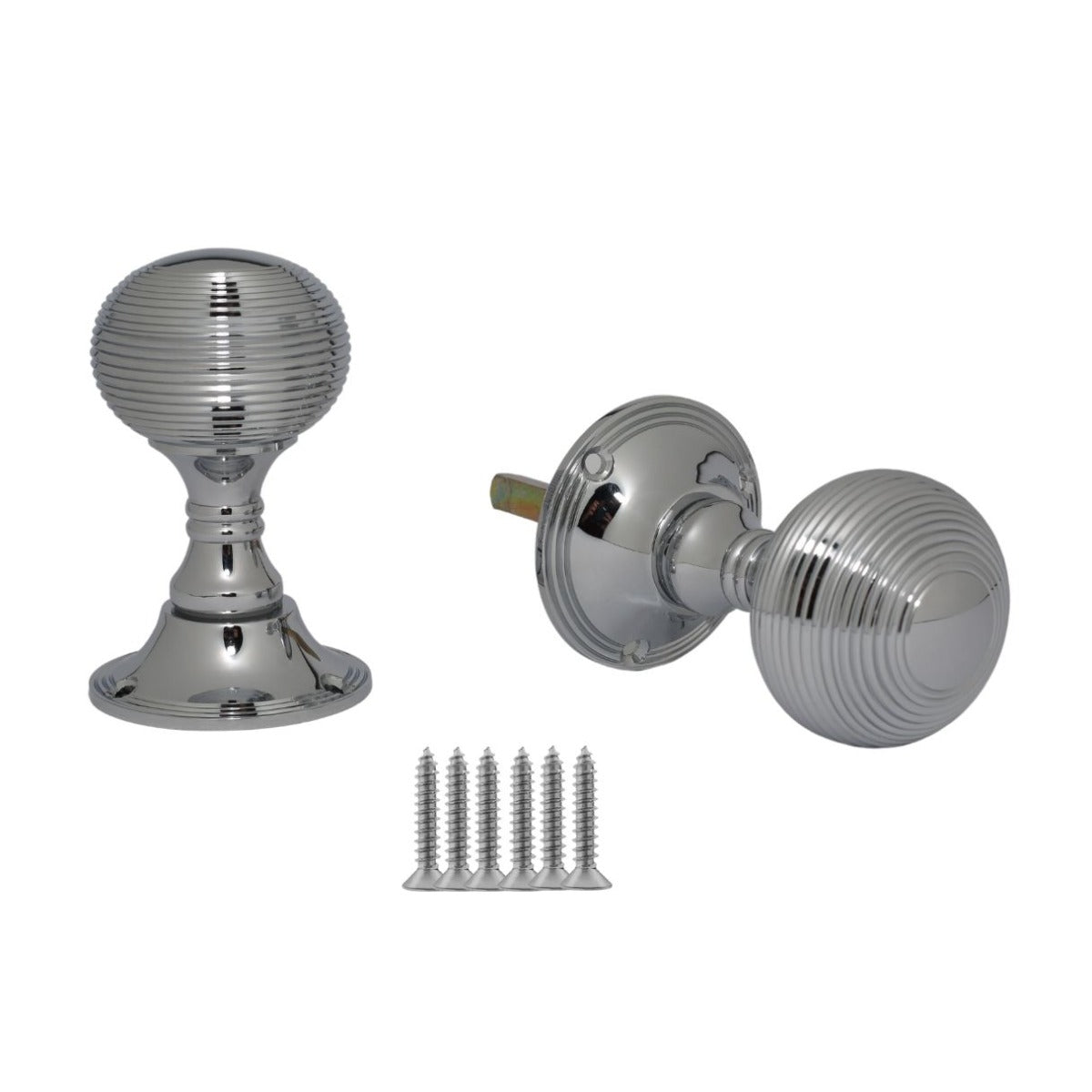 Rim Door knob set Reeded Polished Chrome.