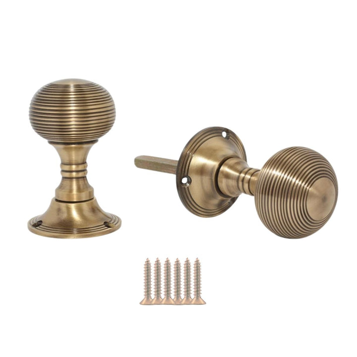 Mortice Door knob Antique Brass Queen Anne Reeded.