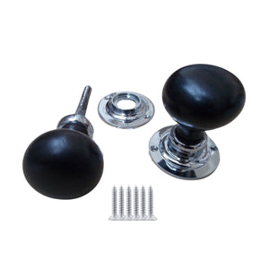 Mortice Door knob Chrome + Black Plain Bun.