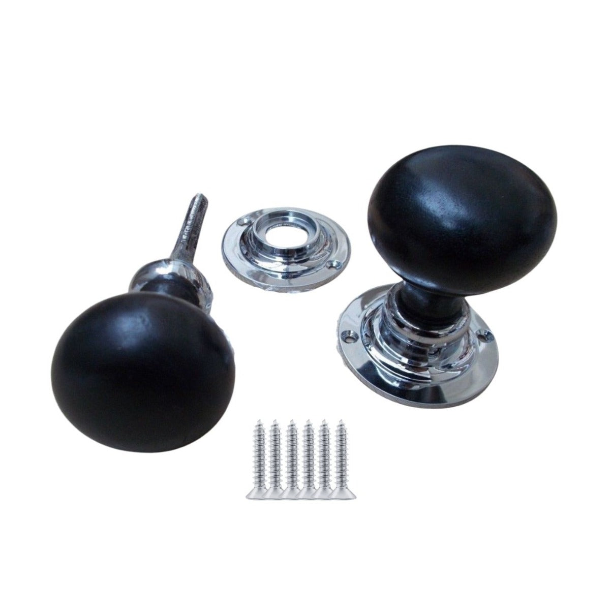 Mortice Door knob Chrome + Black Plain Bun.