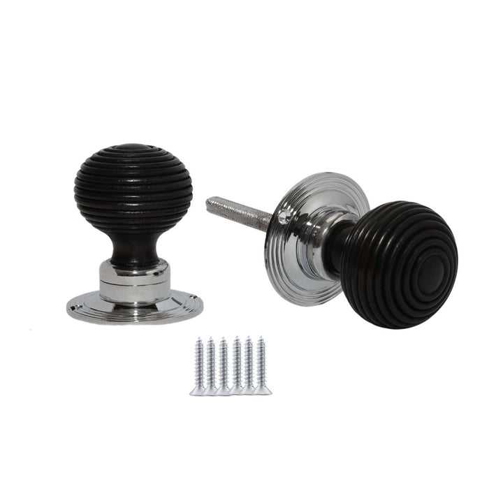 Rim door knob set Beehive Wooden Ebony and Chrome.