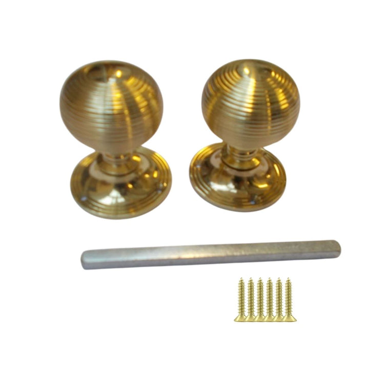 Mortice Door knob Polished Brass Queen Anne Reeded.