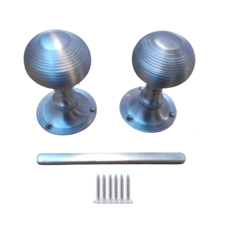 Rim Door knob set Reeded Satin Chrome.