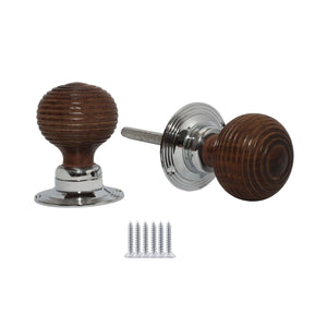 Mortice Door knob Teak + Chrome Wooden beehive.