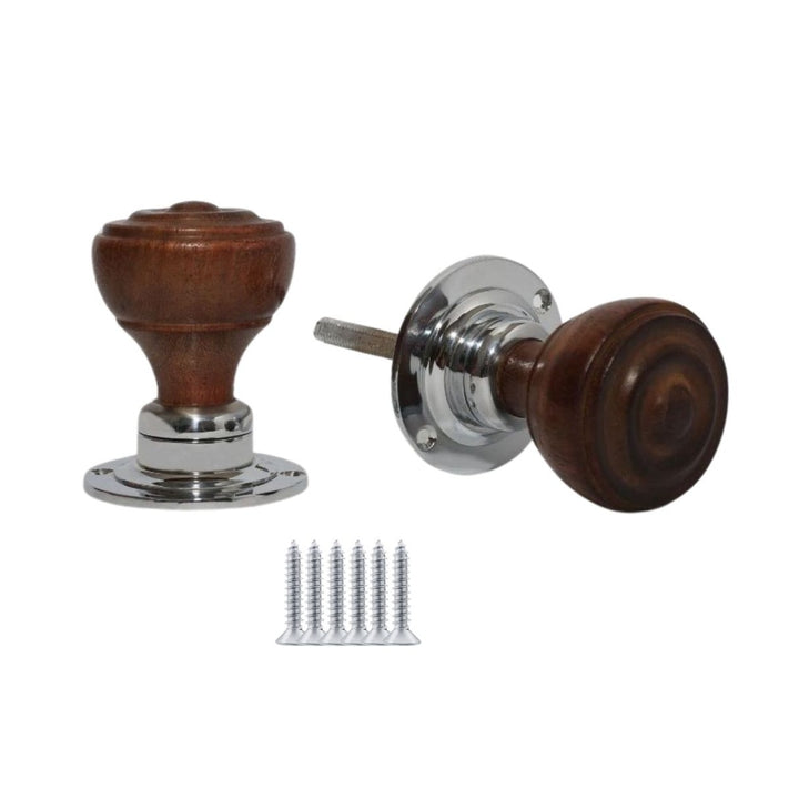 Mortice Teak + Chrome Bun Rimmed Door knob.