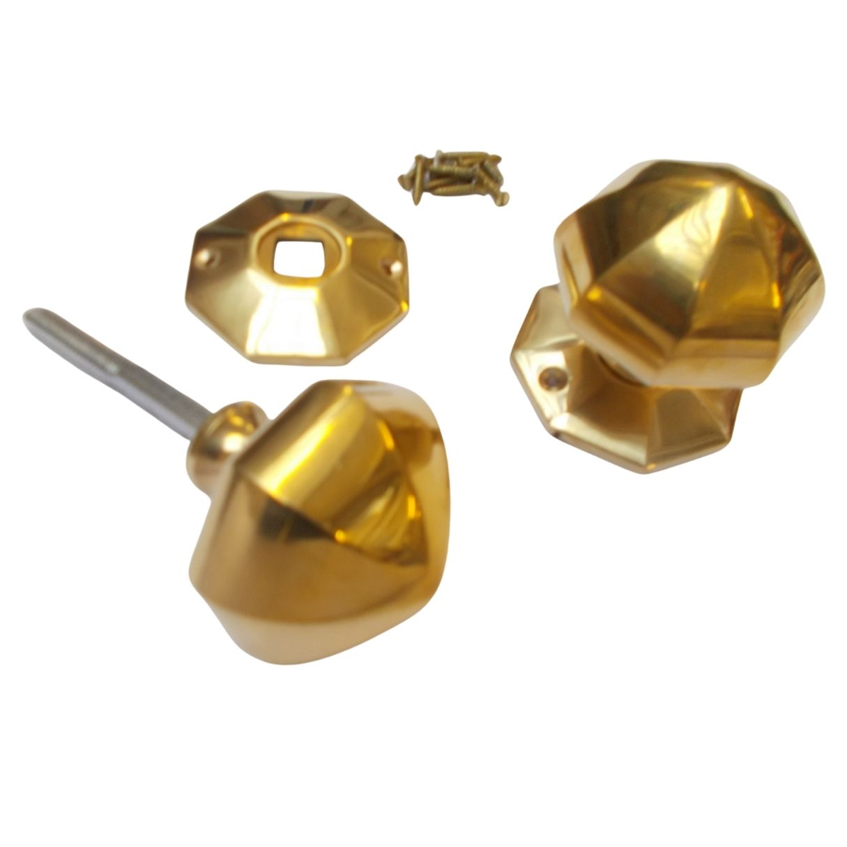 Rim Door knob set 65mm Octagonal Polished Brass.
