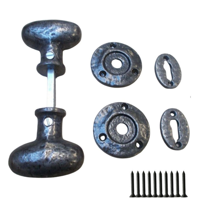 Rim door knob set Oval Antique Iron.