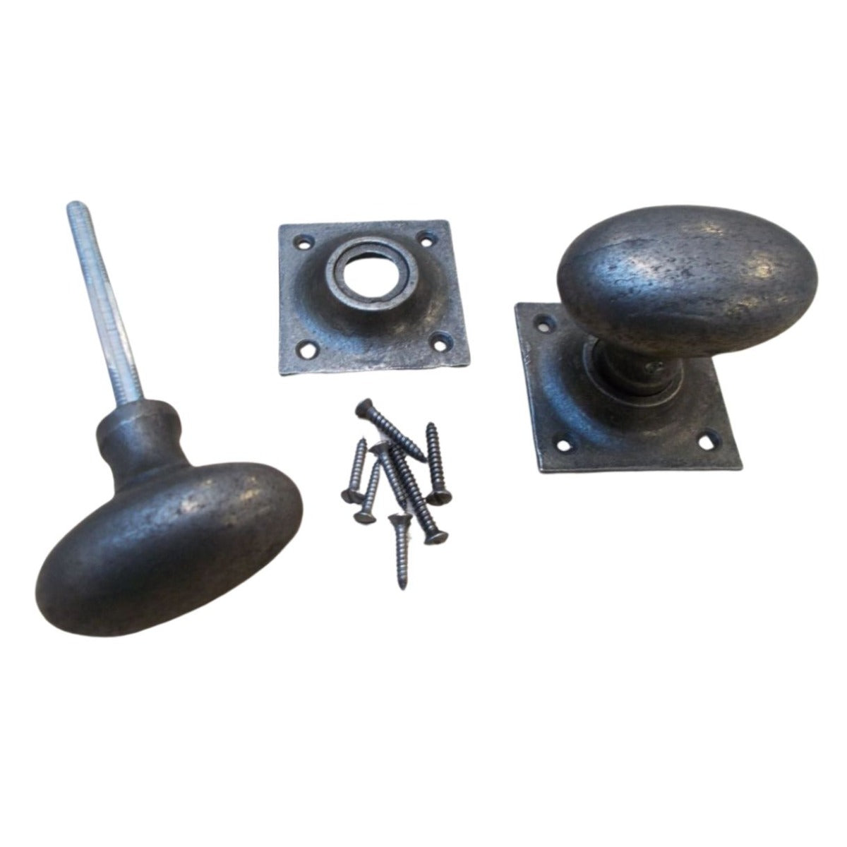 Rim door knob set Oval Square base Antique Iron.