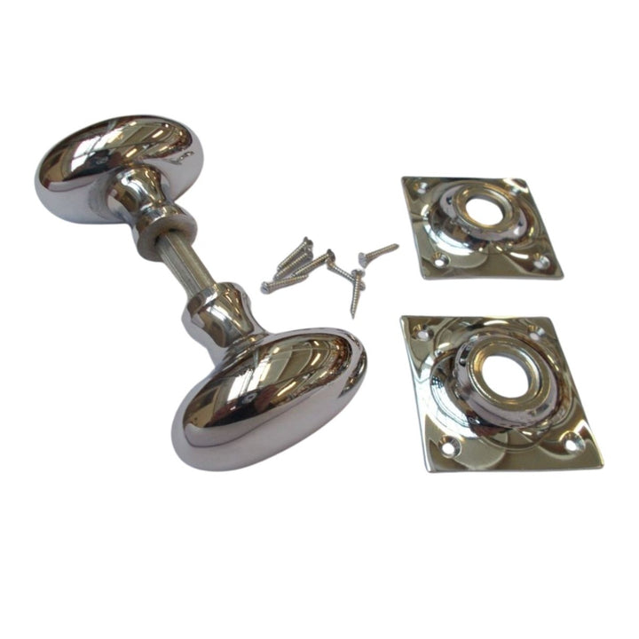 Rim door knob set Oval Square base Polished Chrome.
