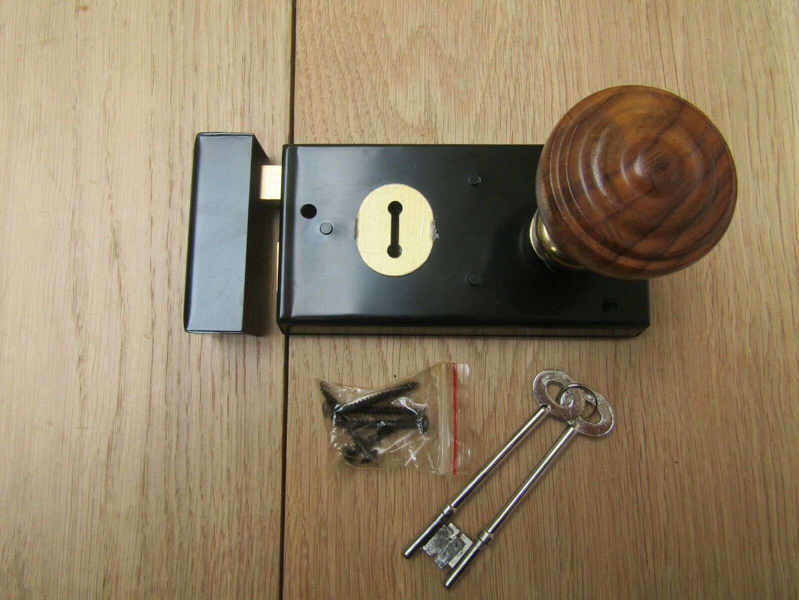 5.5inch Rim Lock Black & Bunned Rim Teak + Brass Set.