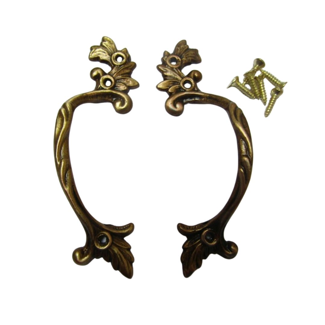 Pair Of Decorative Leaf Cabinet Pull Handles Antique Brass.