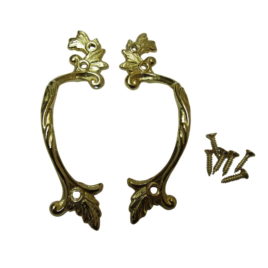 Pair Of Decorative Leaf Cabinet Pull Handles Polished Brass.