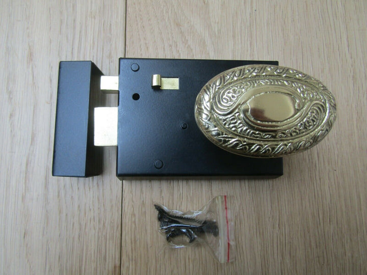 4inch Rim Latch Black & Art Nouveau Oval Brass Set.