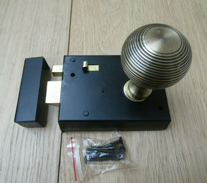 4inch Rim Latch Black & Reeded Rim Antique Brass Set.