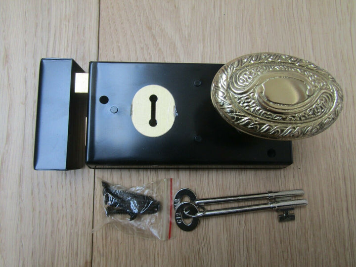 5.5inch Rim Lock Black & Art Nouveau Brass Set.