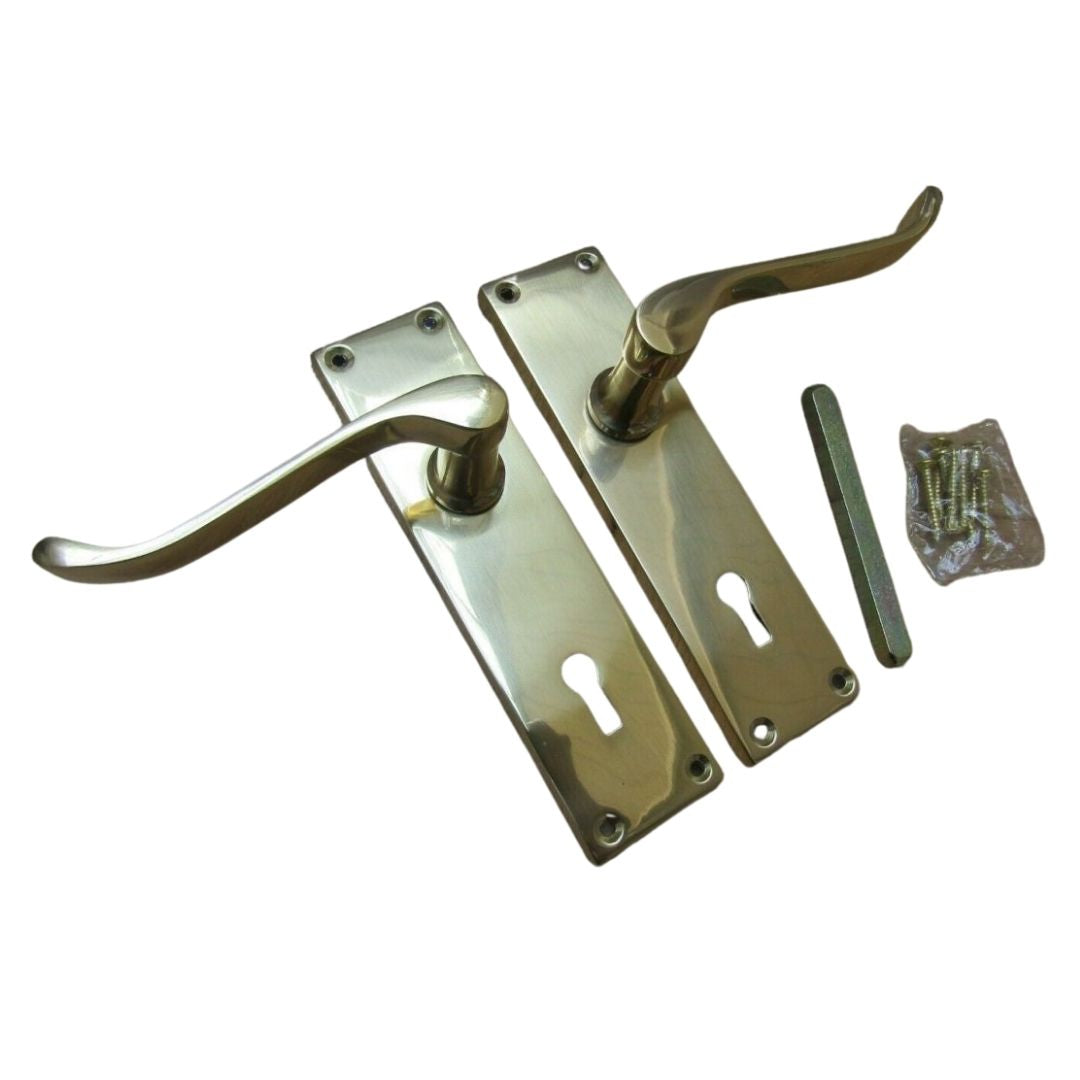 Lever Lock Door Handle Scroll Polished Brass.
