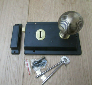 6inch Rim Lock Black & Reeded Rim Antique Brass Set.