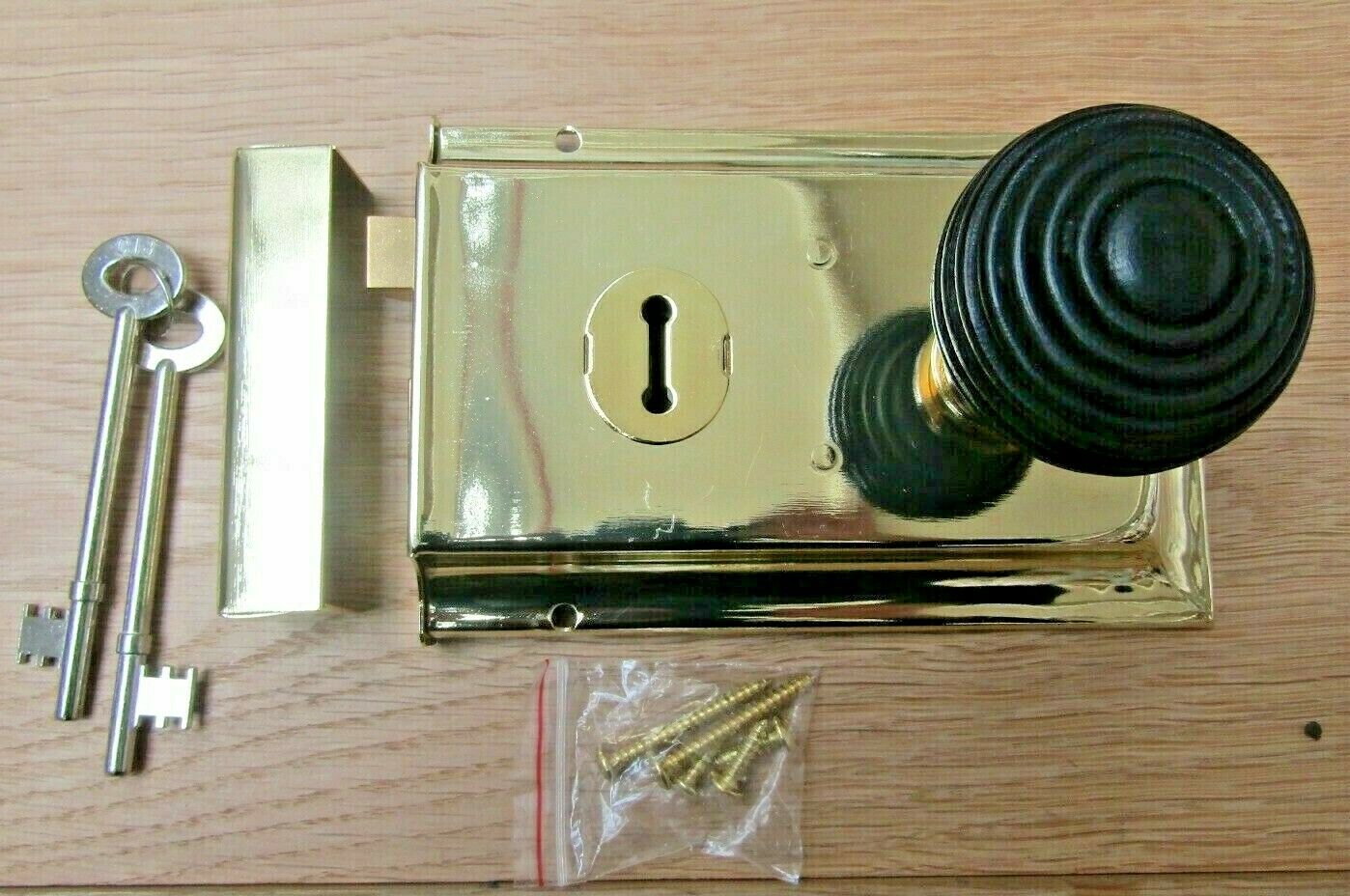 6inch Rim Lock Brass & Beehive Ebony + Brass Set.