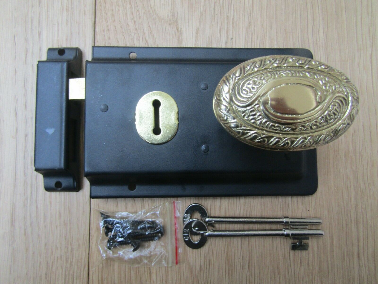 6inch Rim Lock Black & Art Nouveau Brass Set.