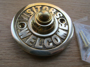Visitors Welcome Door Bell Push Polished Brass.