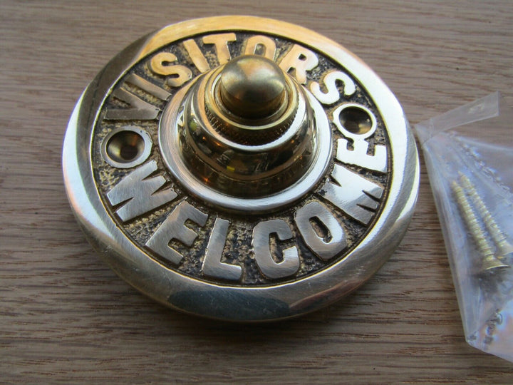 Visitors Welcome Door Bell Push Polished Brass.