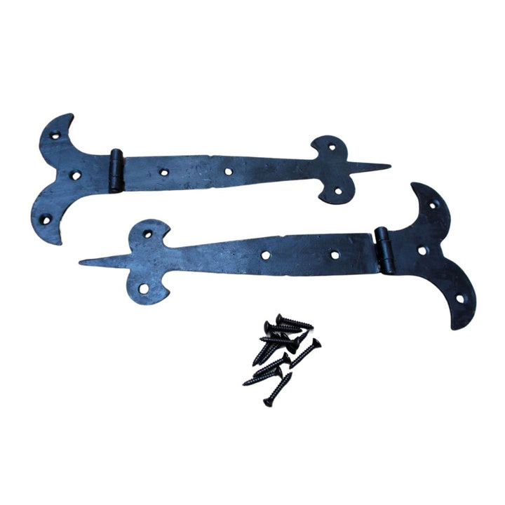Pair of 8inch Fleur de lys Steel Hinges Black.