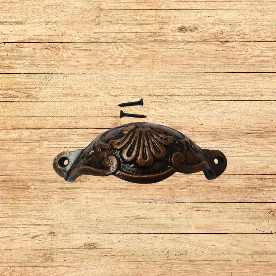 Floral Cup Pull Handle Antique Copper on Iron
