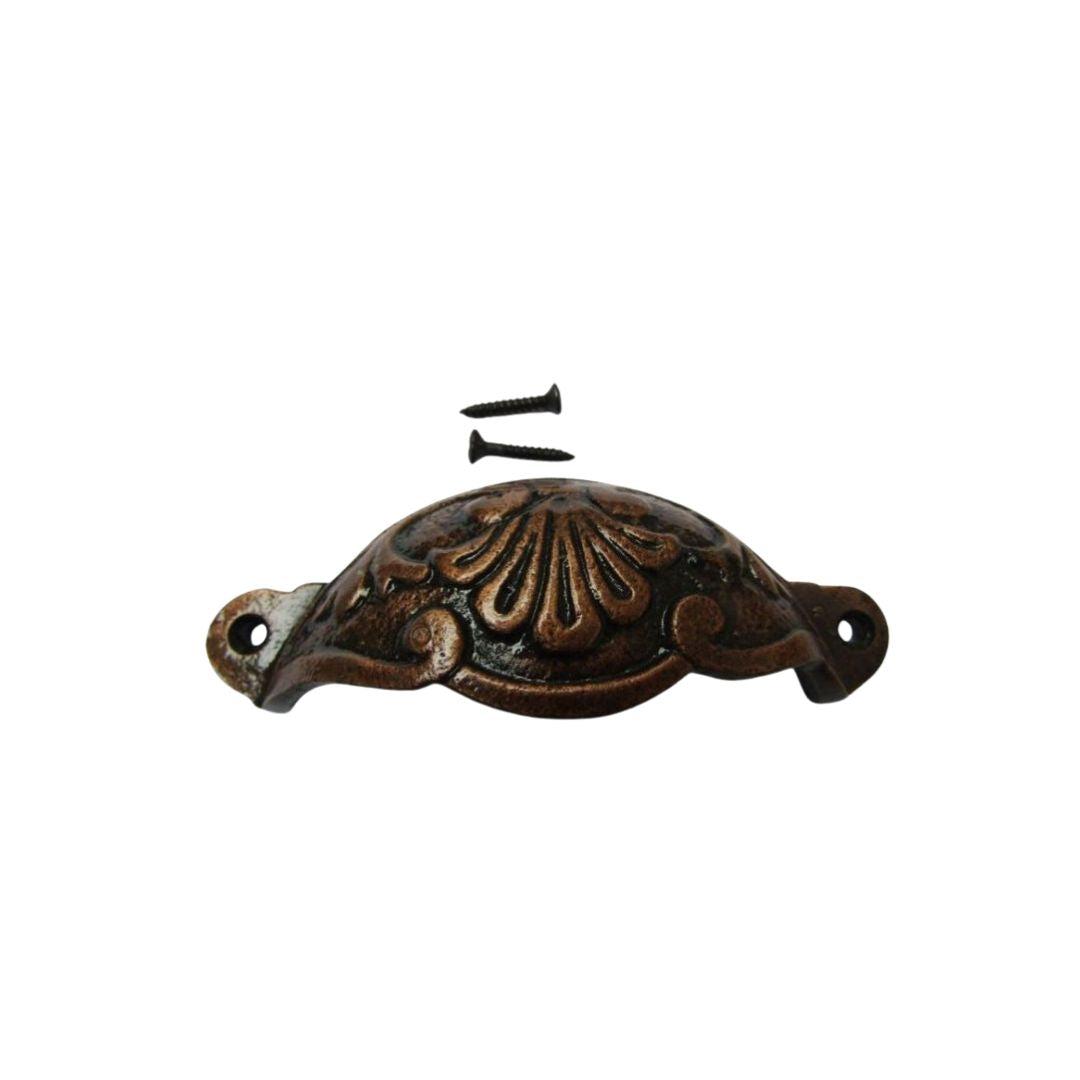 Floral Cup Pull Handle Antique Copper on Iron
