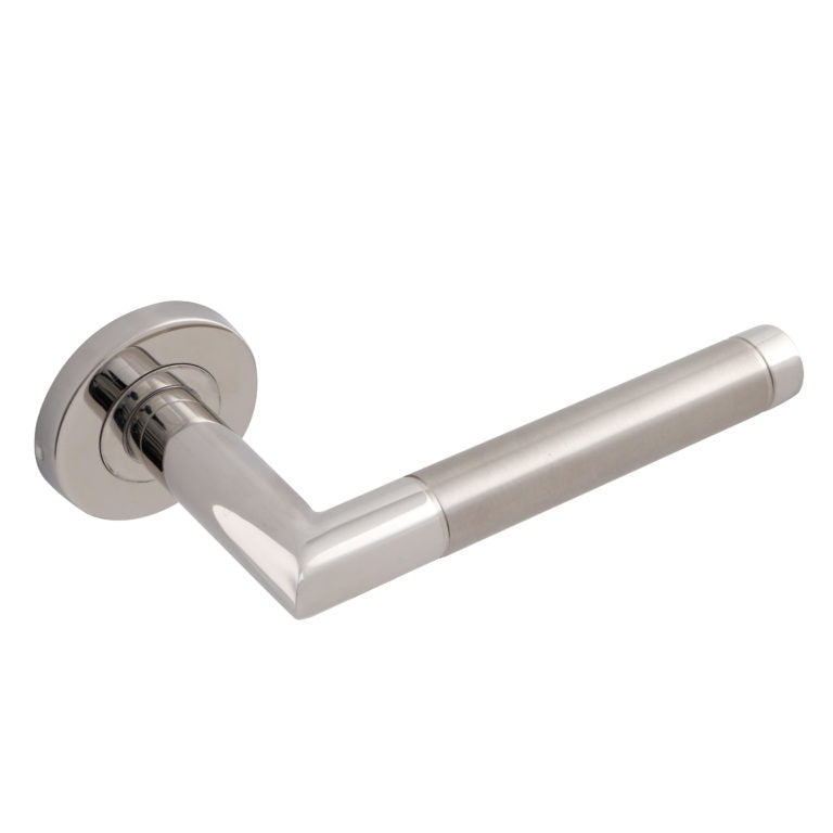 Fire Rated Dual Finish Mitred Lever on Rose Door Handle – 19mm Stainless Steel