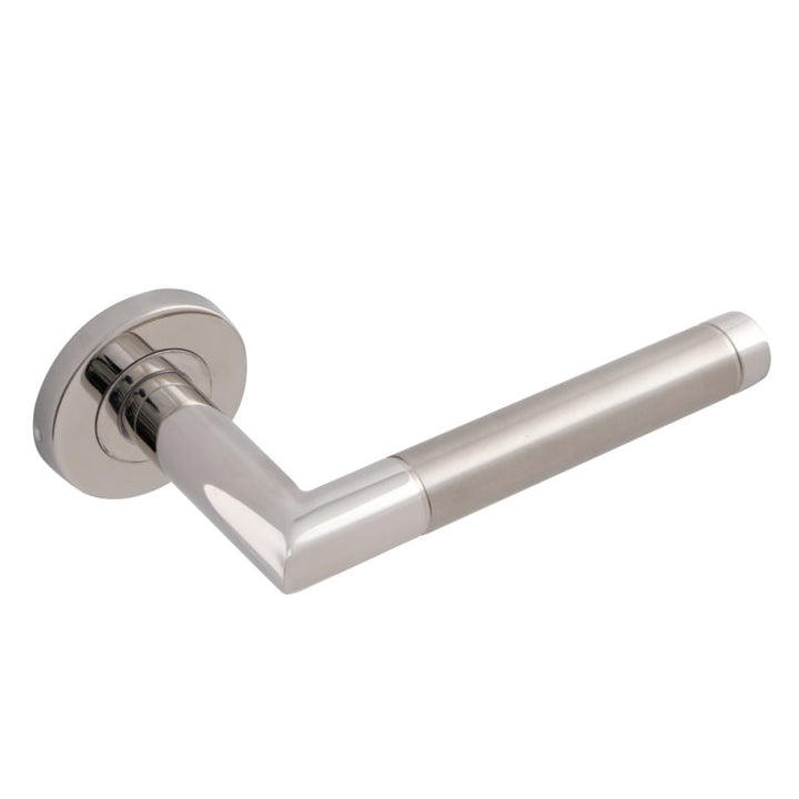 Fire Rated Dual Finish Mitred Lever on Rose Door Handle – 19mm Stainless Steel