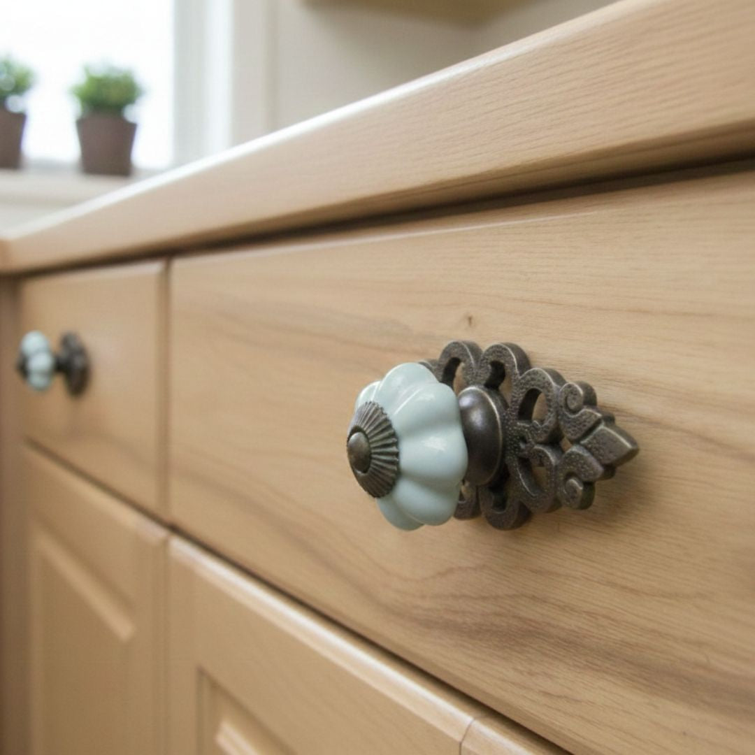 Duck Egg Blue Ceramic Cabinet Knob with Antique Iron Back Plate