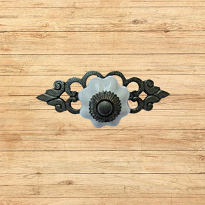 Duck Egg Blue Ceramic Cabinet Knob with Antique Iron Back Plate