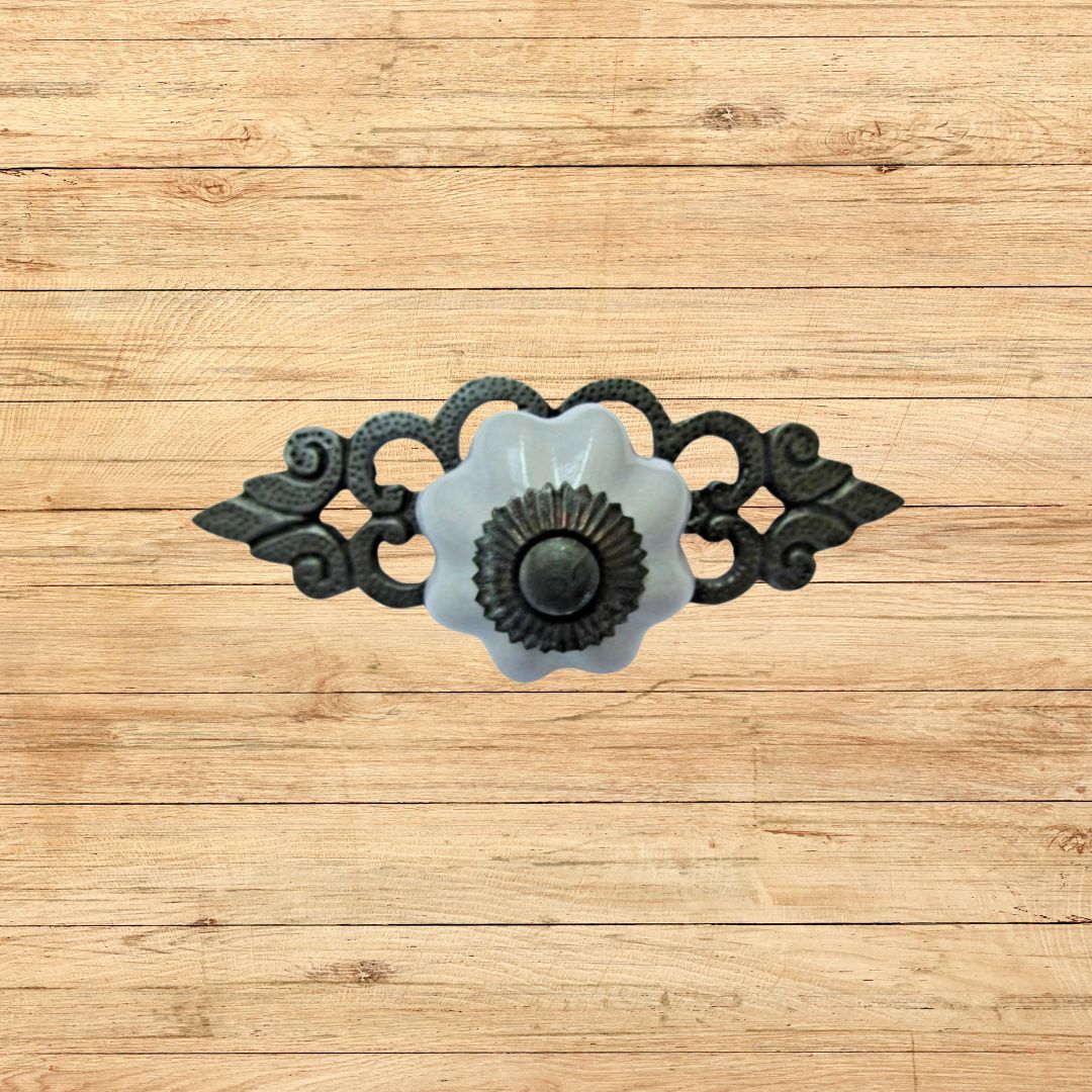 Duck Egg Blue Ceramic Cabinet Knob with Antique Iron Back Plate