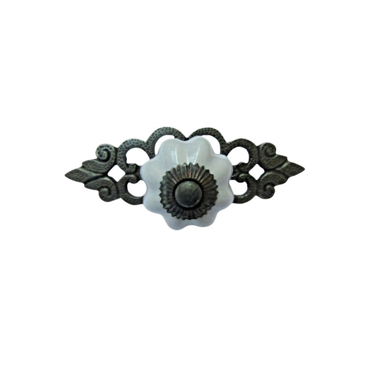 Duck Egg Blue Ceramic Cabinet Knob with Antique Iron Back Plate