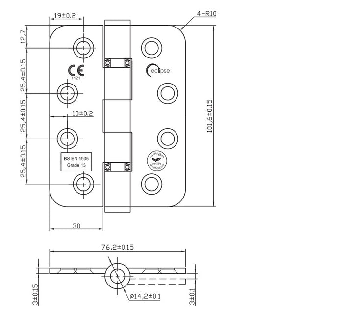 Fire Rated SS 316 External Door Hinge Satin Stainless Steel