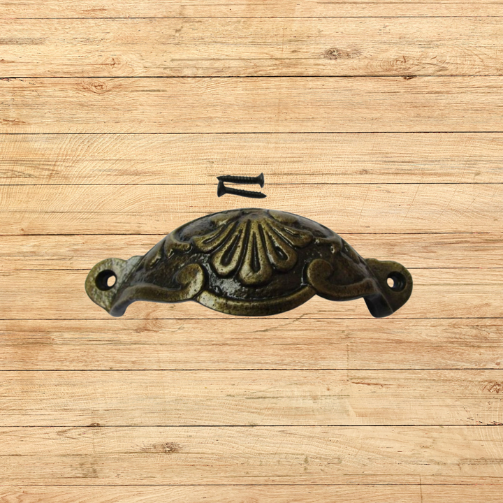 Floral Cup Pull Handle Antique Brass on Iron
