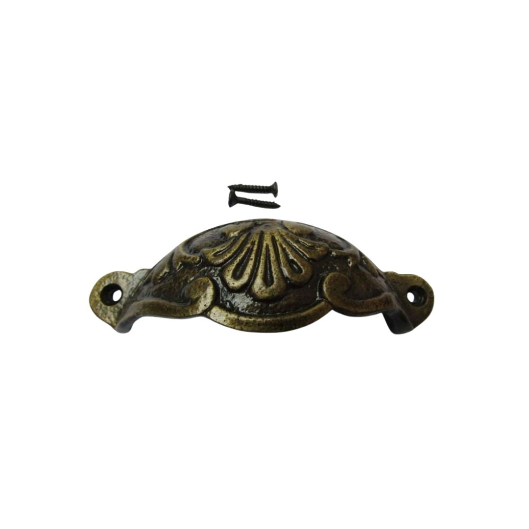 Floral Cup Pull Handle Antique Brass on Iron

