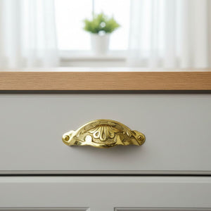Floral Cup Pull Handle Polished Brass on Brass
