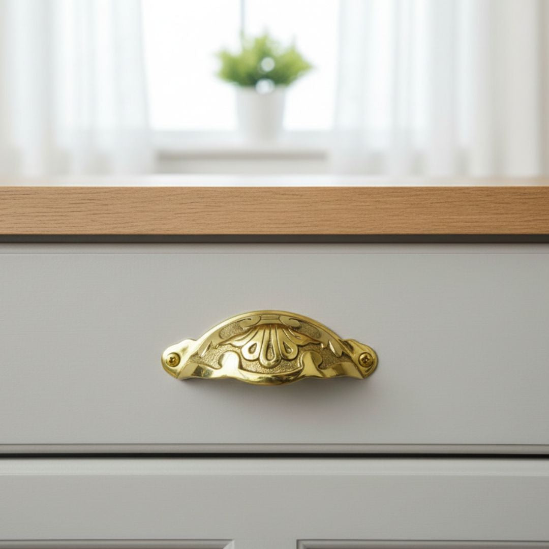 Floral Cup Pull Handle Polished Brass on Brass
